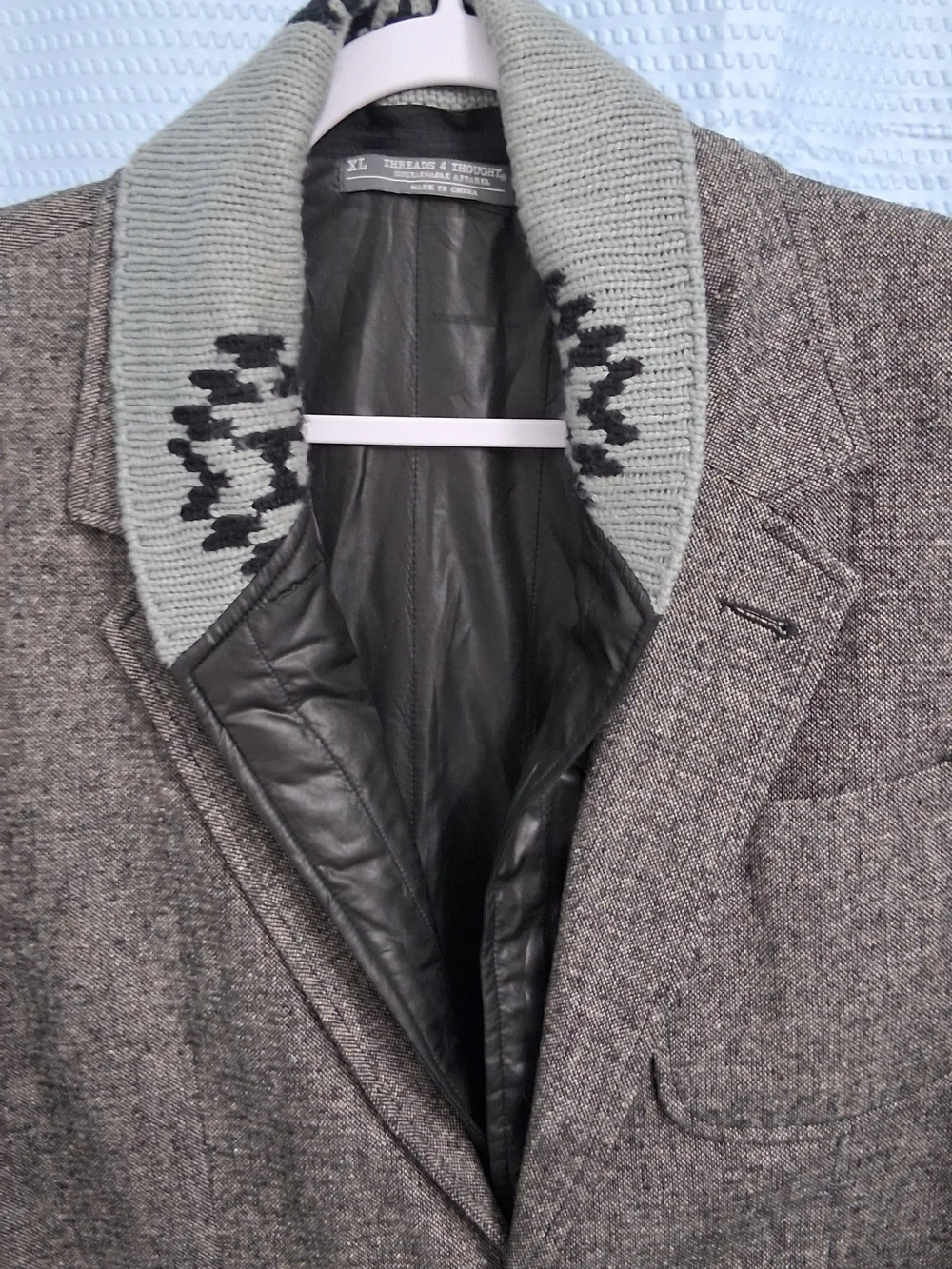 Threads 4 Thought Gray Tweed Sport Coat with Knit Shawl Collar